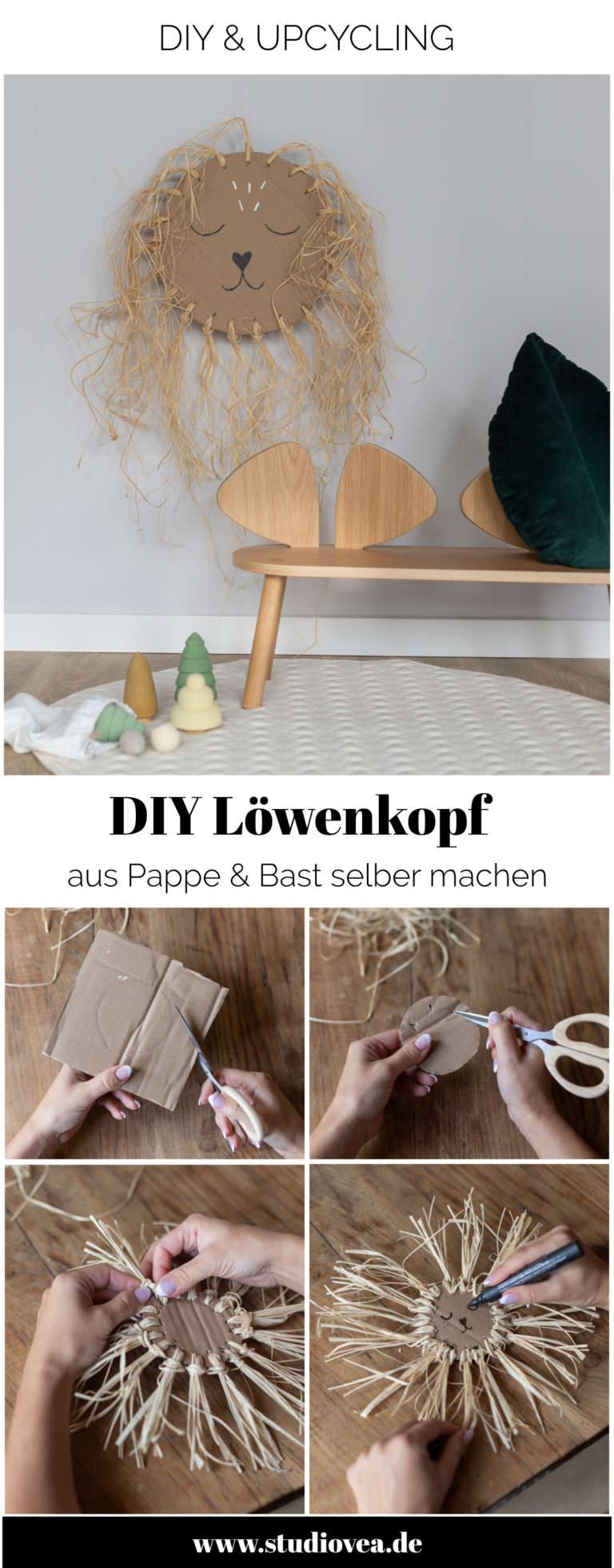 Anleitung DIY Idee Pappe Karton Upcycling Lowe Kinderzimmer Wanddeko Dekoration Bast studiovea