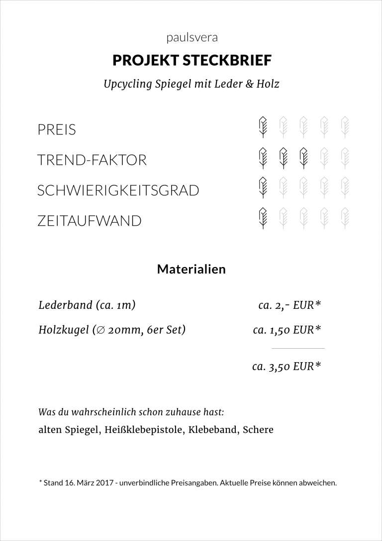 Anleitung und Materialien für Upcycling Spiegel mit Leder und Holzkugel